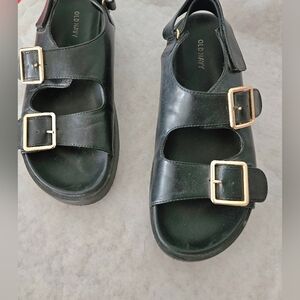 Old Navy Black Strappy Sandals with Gold Buckles Double Strap